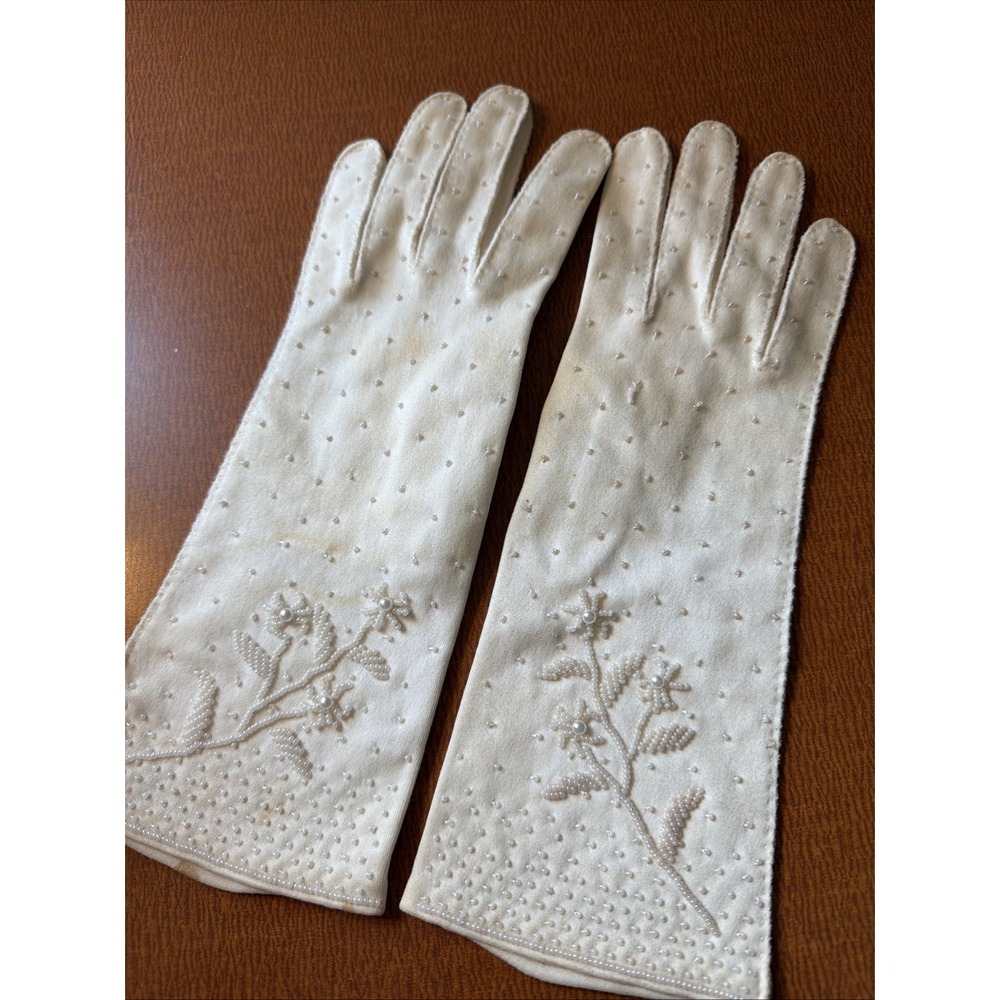 Vtg Ivory Simplex‎ 100% Cotton Gloves Size 7 Beaded